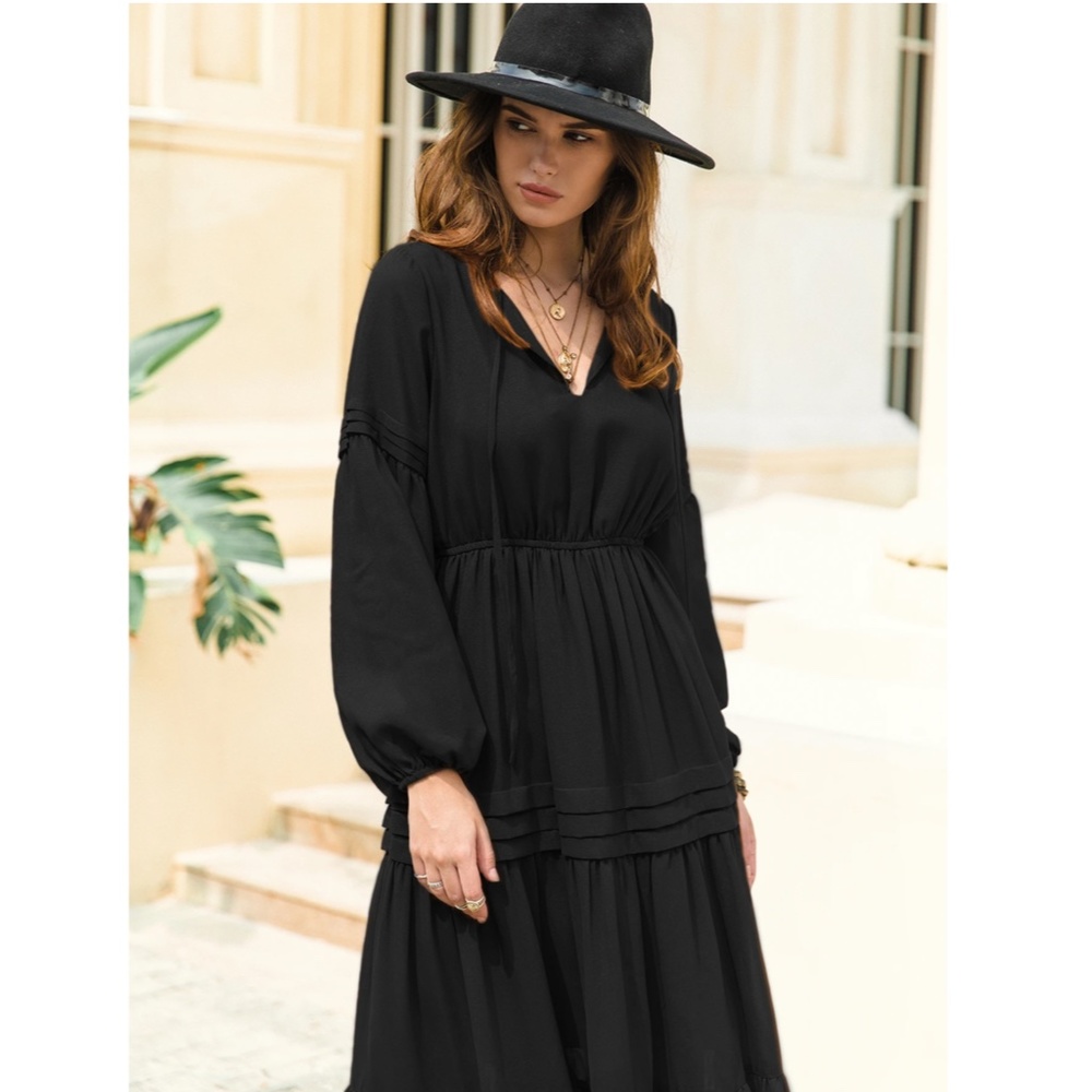 Black Bohemian Maxi Dress Chiffon Neck Ties Long Sleeve Ruffle Hem Flowy - Picture 8 of 10